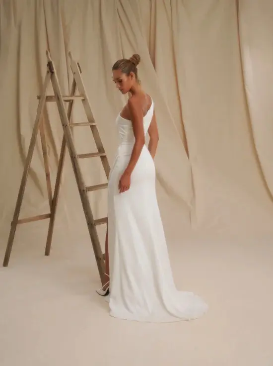 slim fit dress slacks Simple V-neckline Ruched Fit & Flare Wedding Gown by Christina Wu –  Bergamot Bridal