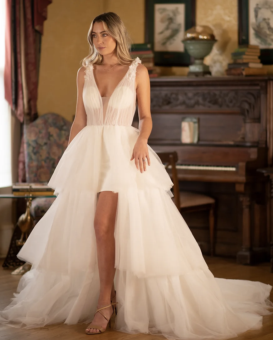 knee length dresses for ladies Sexy Slit Tiered Pleats Tulle A-Line Custom V-Neck Straps Bridal Dress main image 0