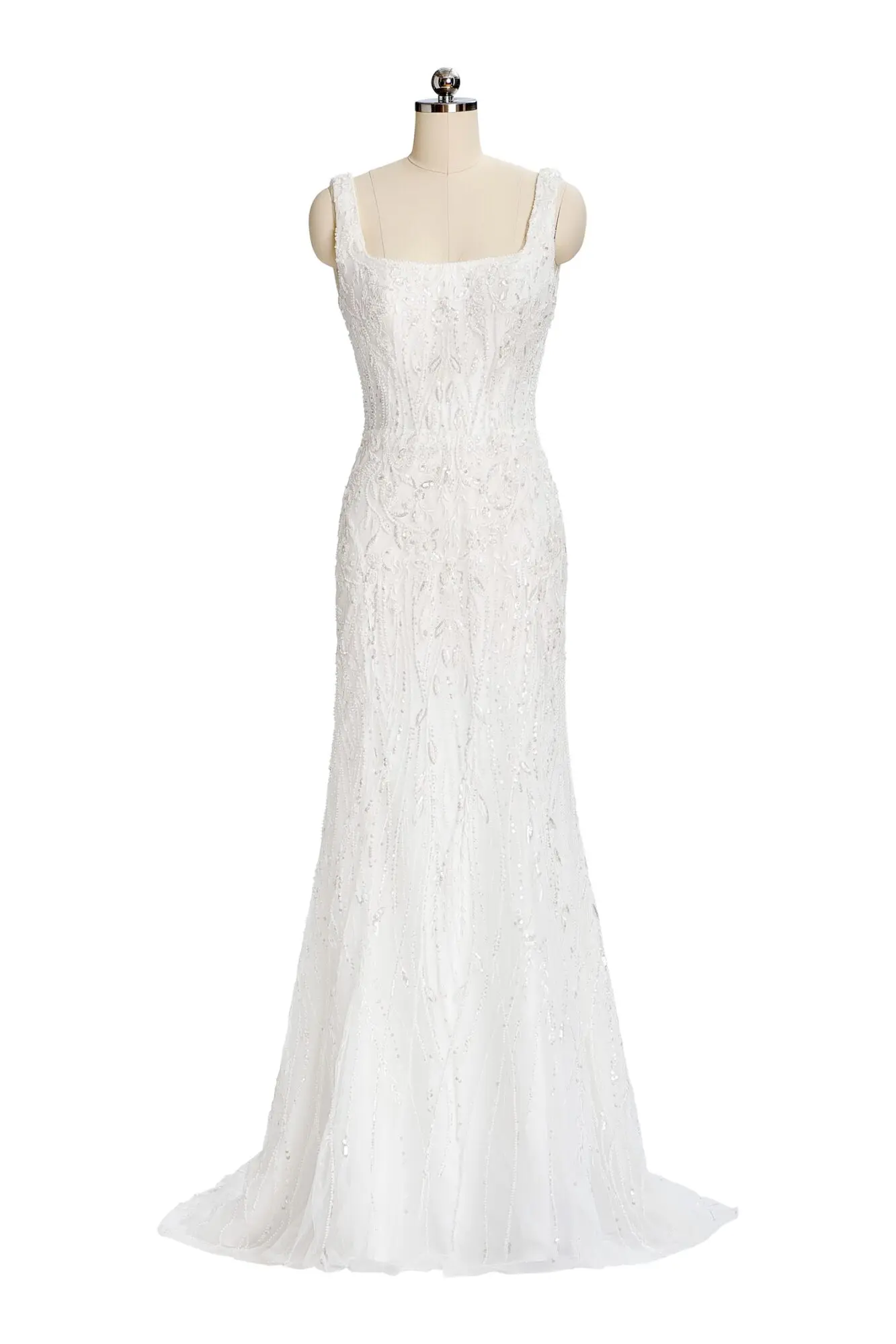 44563LND, an Ivory/Ivory/Ivory Sincerity by Justin Alexander bridal gown in a Fit n Flare silhouette. The dress features a Scoop neckline, and is adorned with delicate Lace, Tulle, Beading, Buttons, Embroidery, and Glitter accents, extending into a Chapel train. Available in size 20.