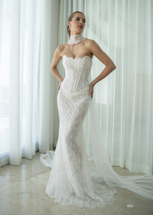 Iris, an ivory Mariana Hardwick bridal gown, features a fit-and-flare silhouette, a structured, strapless corset bodice with a scoop neckline, and is adorned with intricate lace. A matching high-neck lace choker is worn, and a detachable chapel-length tulle cape flows from the back. The gown is modeled by a woman standing elegantly indoors in front of sheer white curtains.