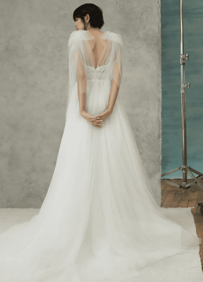 1648485636509-screen-shot-2022-03-28-at-12-39-47-pm Frances, an ivory, ethereal A-line wedding gown by Alyne, featuring a frothy tulle skirt with a chapel train. The plunging V-back bodice is adorned with intricate beaded lace, and fluttering tulle bows accent each shoulder. The model is shown from behind, looking over her left shoulder with her hands clasped behind her back.