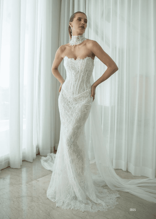 1762538211827-screenshot-2025-11-07-at-11-55-54-am Iris, an ivory Mariana Hardwick bridal gown, features a fit-and-flare silhouette, a structured, strapless corset bodice with a scoop neckline, and is adorned with intricate lace. A matching high-neck lace choker is worn, and a detachable chapel-length tulle cape flows from the back. The gown is modeled by a woman standing elegantly indoors in front of sheer white curtains.